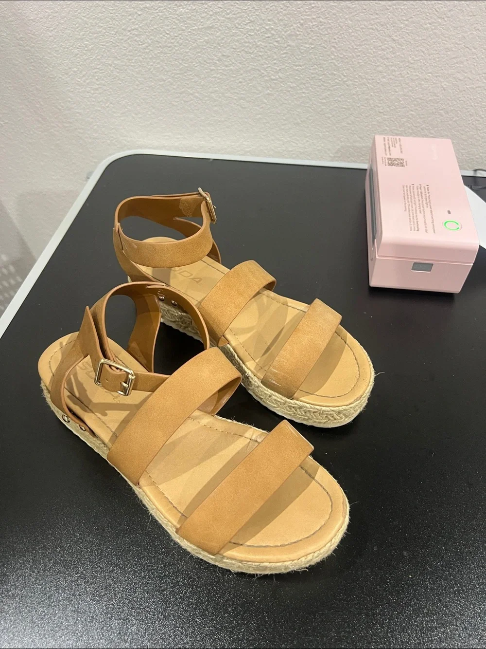Soda Tan Strappy Espadrille Platform Sandals with Ankle Buckle